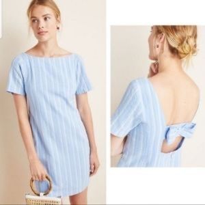 Anthropologie Linen Back Bow Baby Blue Dress Sz 6